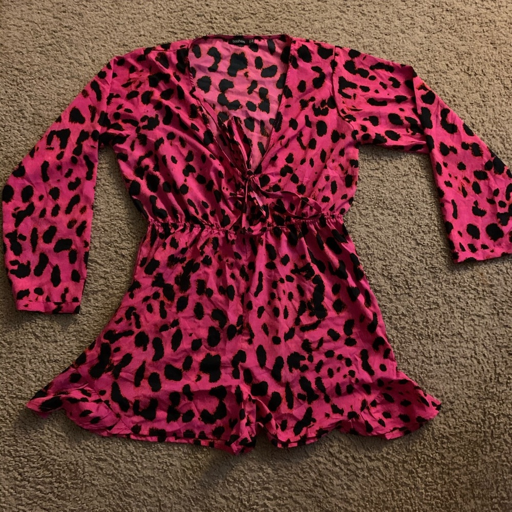 pink and black leopard print tie front romper